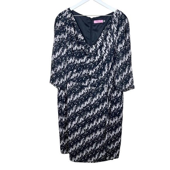 Eliza J Womens Black and Cream Printed Chiffon Drape Front 3/4 Sleeve Dress - Picture 1 of 12